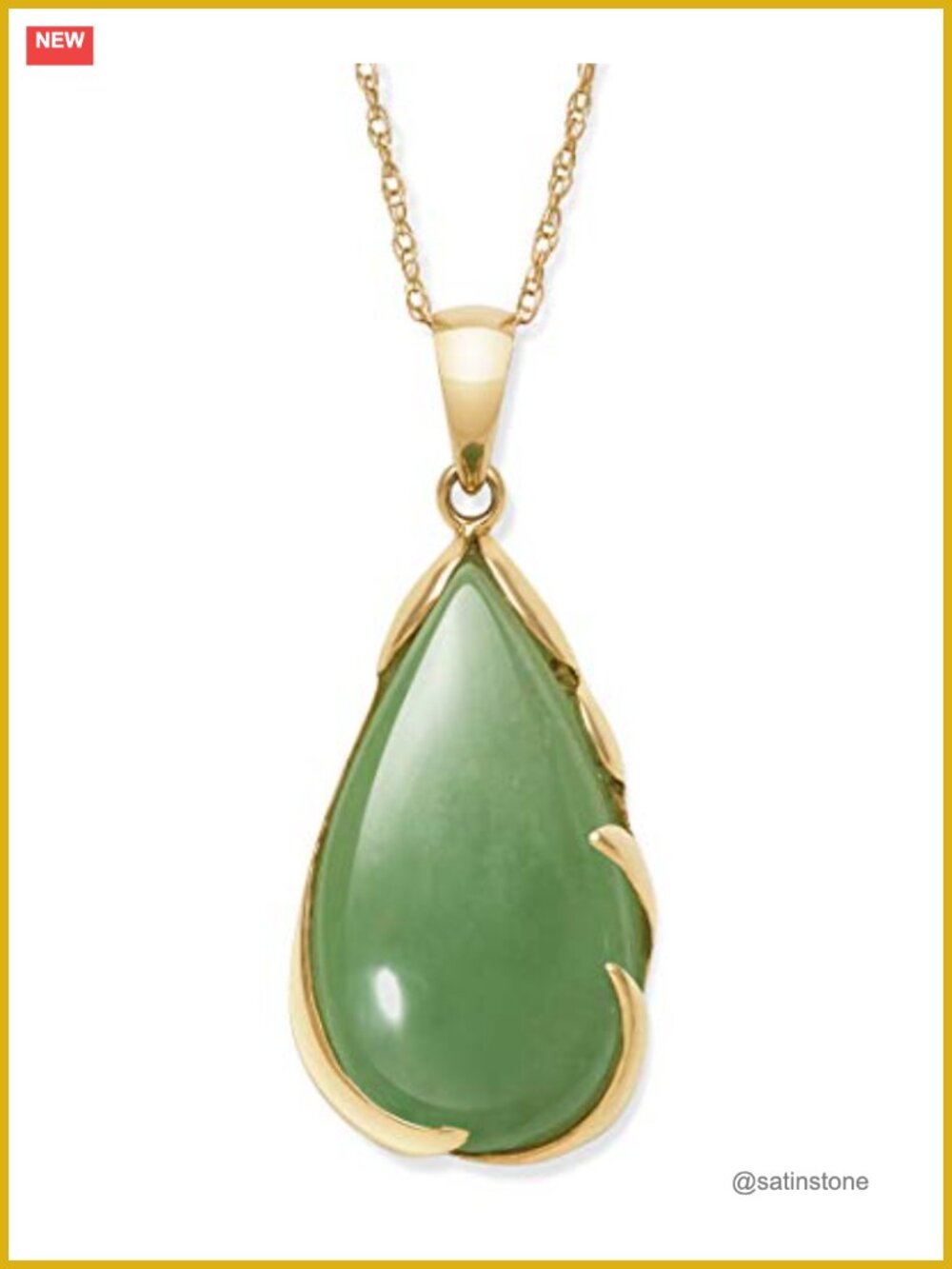 14K Yellow Gold Natural Jade Teardrop Pendant Necklace 18"